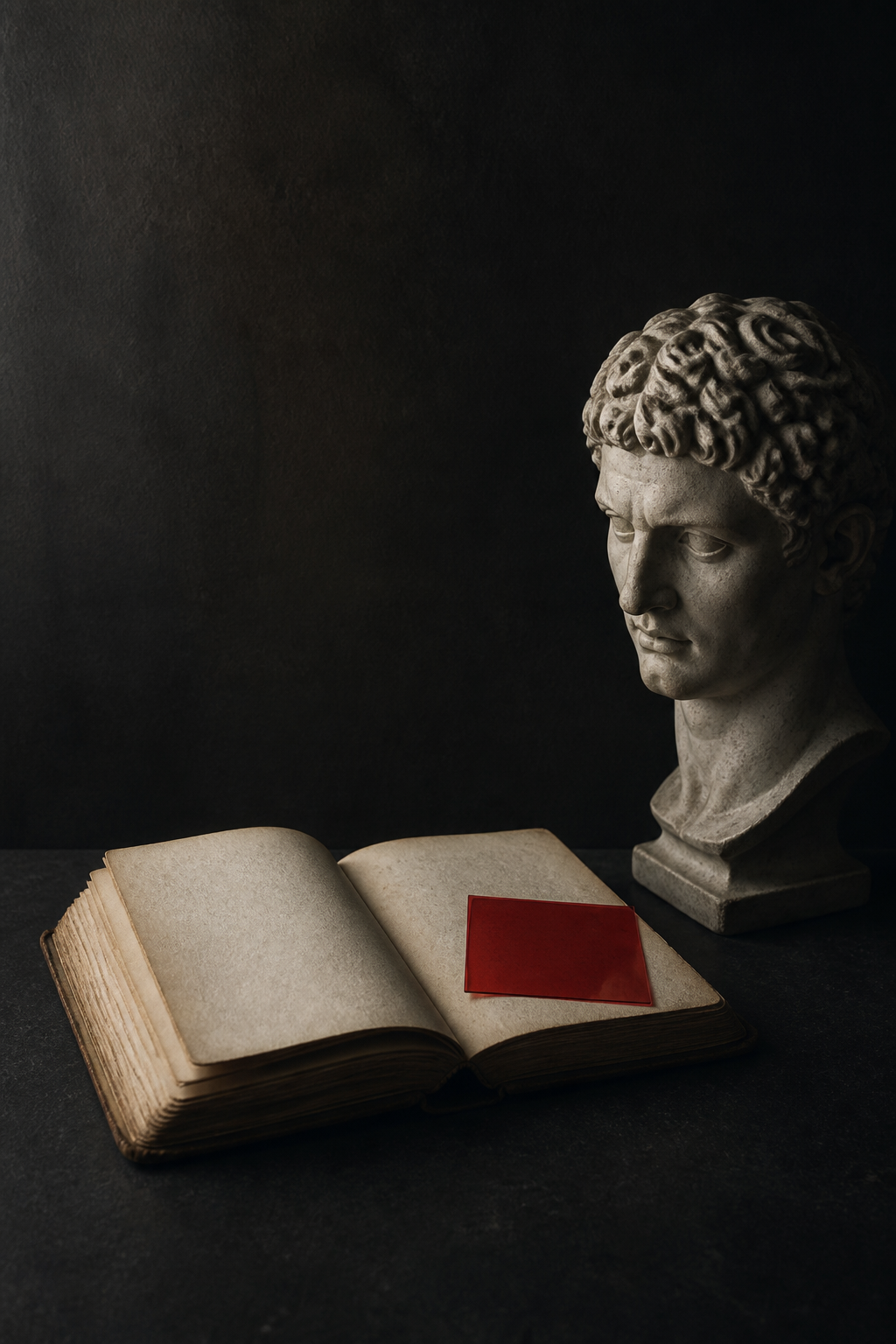 Busto clásico y libro, símbolo de pensamiento estratégico